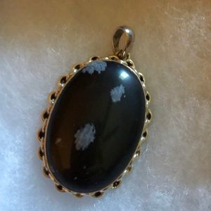 Black Oval Snowflake Obsidian Pendant marked 925